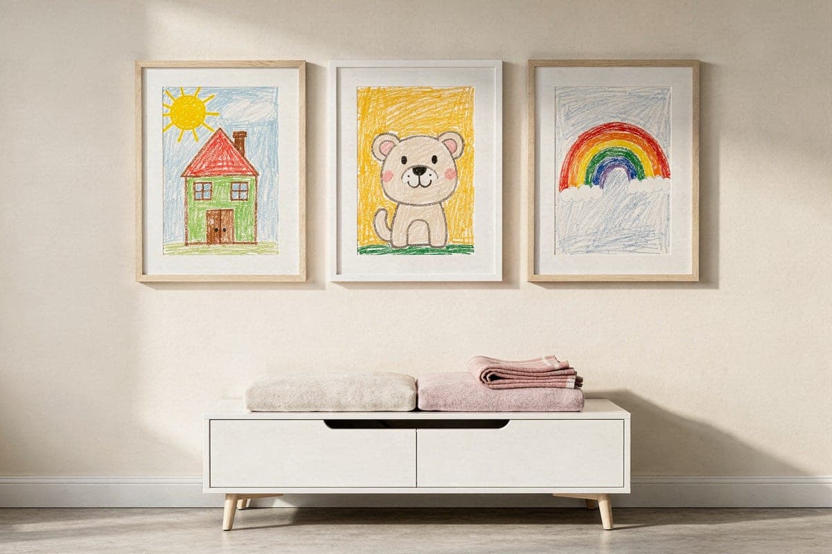 Three framed children's crayon drawings displayed as gallery art