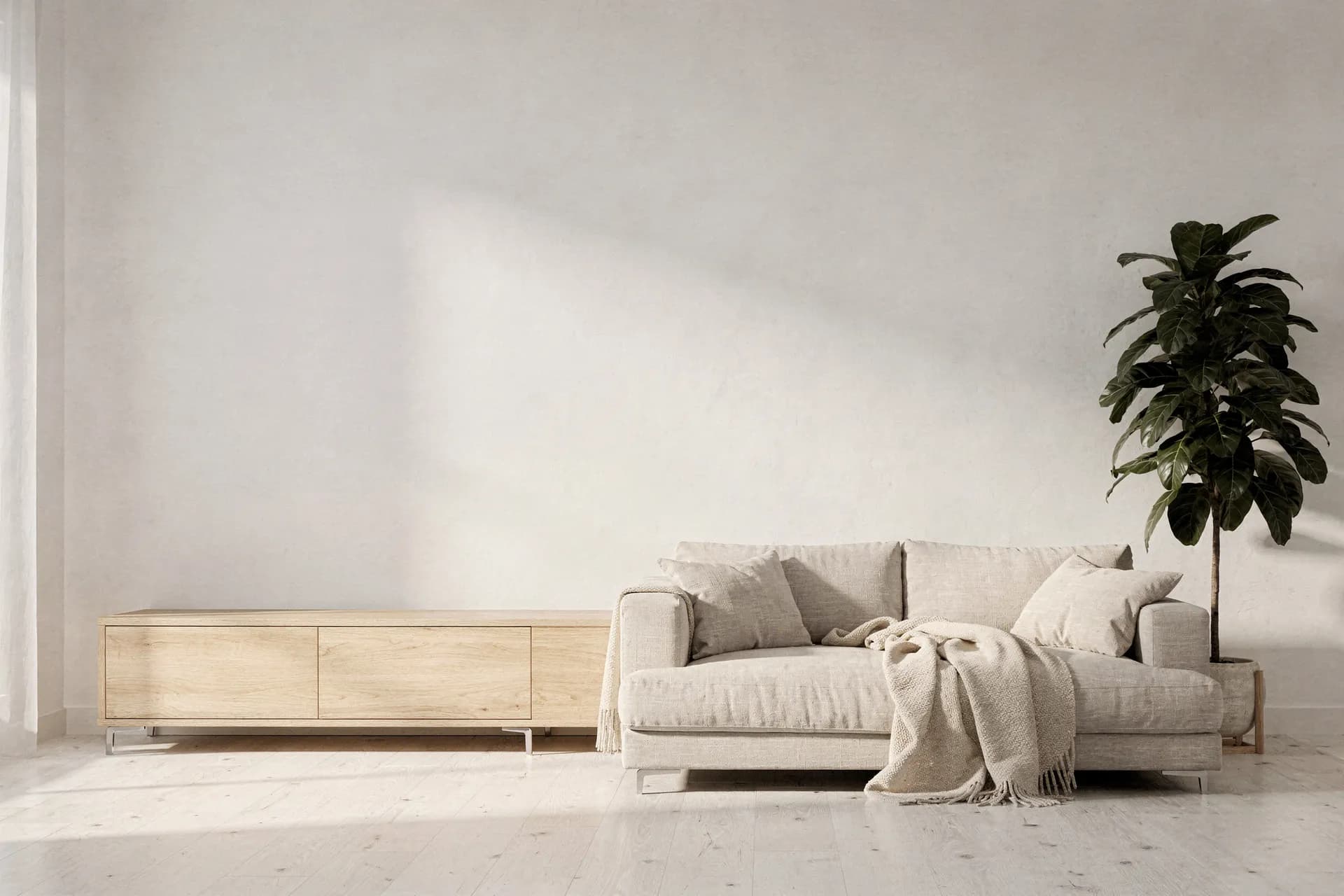 Bright Scandinavian living room with artwork on the wall